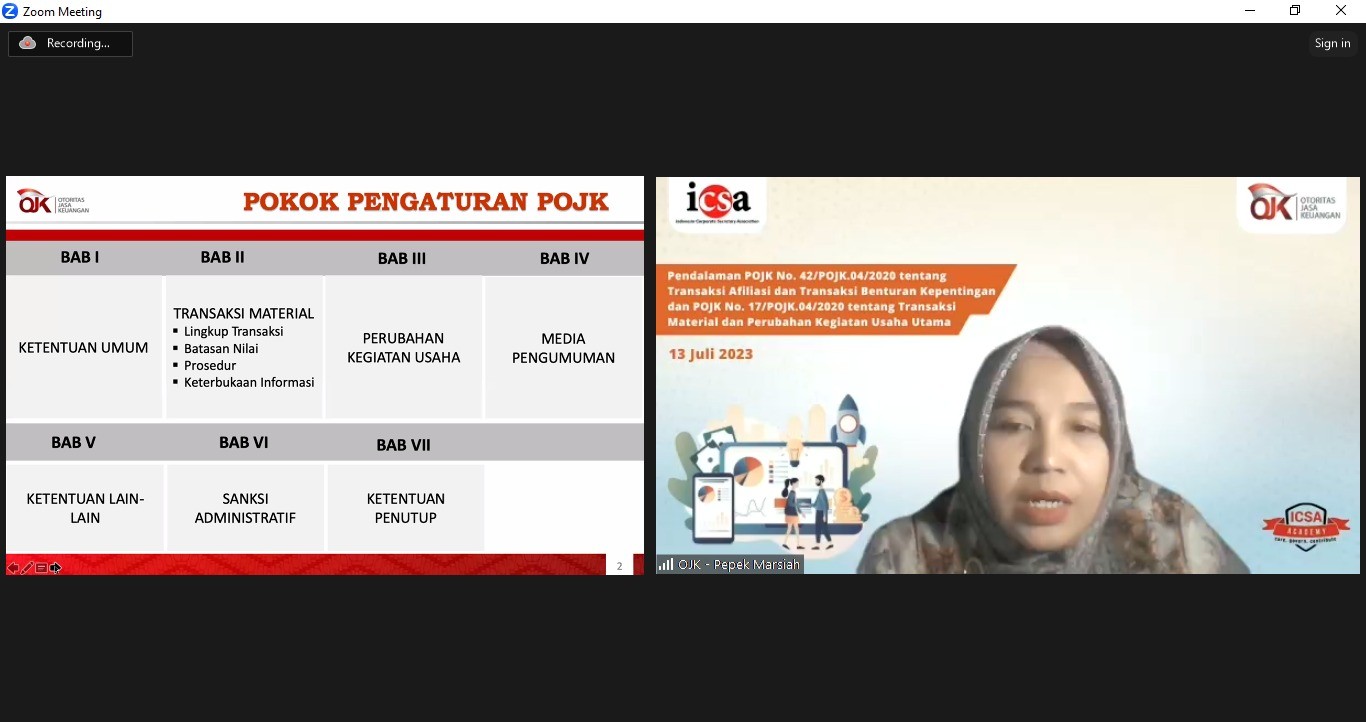 Webinar "Pendalaman POJK No. 42/POJK.04/2020 Tentang Transaksi Afiliasi dan Transaksi Benturan Kepentingan dan POJK No. 17/POJK.04/2020 tentang Transaksi Material dan Perubahan Kegiatan Usaha Utama"