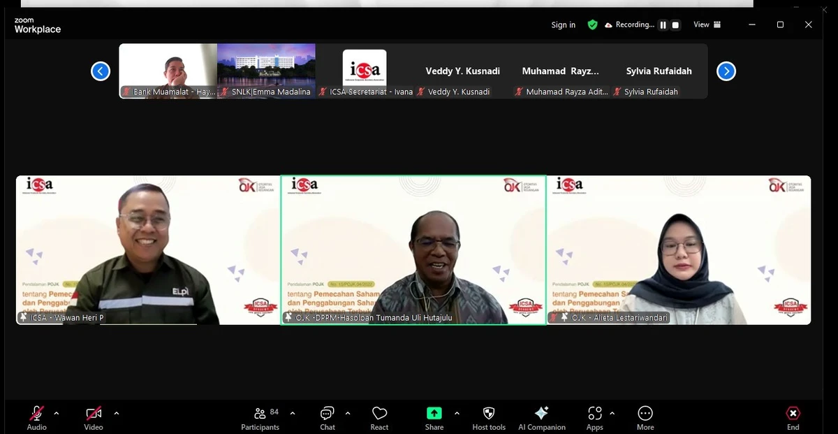 Senin, 2 Desember 2024 – Indonesia Corporate Secretary Association (ICSA) mengadakan webinar regulatory "Pendalaman Peraturan Otoritas Jasa Keuangan No. 15/POJK.04/2022 tentang Pemecahan Saham dan Penggabungan Saham oleh Perusahaan Terbuka" pada Jumat, (29/11).

Materi webinar disampaikan oleh Analis Senior Direktorat Pengaturan dan Standar Akuntansi Pasar Modal Otoritas Jasa Keuangan (OJK) Hasoloan Tumanda Uli Hutajulu dan Analis Direktorat Pengaturan dan Standar Akuntansi Pasar Modal OJK Alieta Lestariwandari. Webinar yang dihadiri lebih dari 170 peserta tersebut dimoderatori oleh Anggota Bidang Pengkajian ICSA Wawan Heri Purnomo.

ICSA berharap, webinar ini dapat memberikan pencerahan bagi perusahaan yang ingin melakukan pemecahan saham atau penggabungan saham, serta memberikan pemahaman kepada sekretaris perusahaan tentang regulasinya.<br>
                  