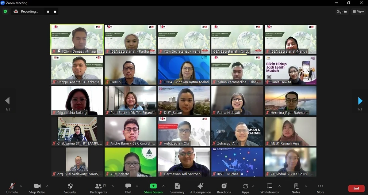Jumat, 5 April 2024 – Pada Kamis (4/4/24), Indonesia Corporate Secretary Association (ICSA) mengadakan webinar dengan topik “Pelaksanaan CSR Berbasis ISO 26000”. Webinar yang dihadiri lebih dari 100 peserta tersebut, mengundang Unggul Ananta selaku Co-Founder & CEO PT Olahkarsa Inovasi Indonesia sebagai narasumber.

ISO 26000 menjadi sebuah panduan untuk memperjelas apa itu tanggung jawab sosial, membantu perusahaan dalam menerjemahkan prinsip bisnis dan organisasi menjadi suatu tindakan yang efektif dan praktik terbaik yang berdampak bagi sosial.

Dalam webinar tersebut mempelajari bagaimana perusahaan dapat mengintegrasikan prinsip-prinsip CSR ke dalam praktik bisnis mereka dengan lebih efektif, serta bagaimana corporate secretary dapat memainkan peran yang signifikan dalam mendukung implementasi CSR yang berkelanjutan.

Dengan diadakannya webinar ini, diharapkan peserta yang hadir dapat memahami penerapan ISO 26000 yang erat kaitannya dengan tanggung jawab sosial perusahaan, khususnya bagi para corporate secretary sebagai pelaksana dan penjaga tata kelola perusahaan yang baik.<br>
                  
