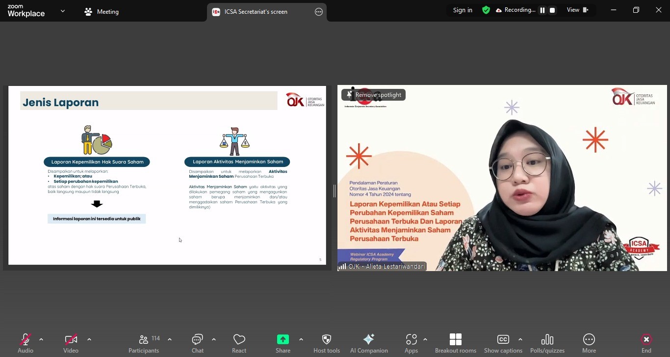 ICSA Gelar Webinar Regulatory Bahas POJK 4/2024 tentang Kepemilikan dan Penjaminan Saham