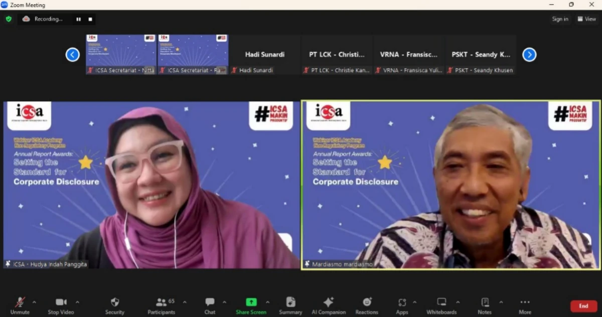 Jumat, 21 Juni 2024 – Indonesia Corporate Secretary Association (ICSA) mengadakan webinar non-regulatory “Annual Report Awards: Setting the Standard for Corporate Disclosure”, Rabu, (19/6). Ketua Umum Komite Nasional Kebijakan Governansi (KNKG) Prof. Mardiasmo merupakan narasumber dalam webinar ini.

Dalam penyusunan laporan tahunan, sekretaris perusahaan memiliki peran dan tanggung jawab untuk memastikan bahwa laporan tahunan yang disusun, disajikan, dan dipublikasikan sesuai dengan peraturan yang berlaku serta standar pelaporan yang diharapkan oleh pemangku kepentingan.

Berangkat dari latar belakang tersebut, webinar ini diadakan untuk memberikan pemahaman mendalam tentang pentingnya penyajian laporan tahunan yang transparan dan akuntabel. Selain itu, peserta yang hadir pun diharapkan dapat mengidentifikasi praktik terbaik dalam penyusunan laporan tahunan sehingga mampu mengingkatkan kualitas laporan tahunan untuk berpartisipasi pada Annual Report Award (ARA). Webinar ini dihadiri oleh lebih dari 100 peserta.<br>
                  