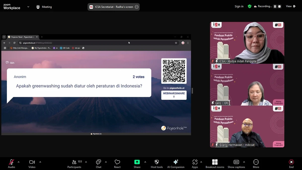 Kamis, 27 Maret 2025 - Indonesia Corporate Secretary Association (ICSA) melalui Bidang Pengkajian mengadakan webinar dengan tema "Langkah Awal dalam Membangun Inisiatif ESG: Panduan Praktis untuk Perusahaan", Rabu, (26/3). 

Webinar ini dihadiri oleh lebih dari 100 peserta dan menghadirkan dua narasumber, yaitu Regional Program Manager ASEAN General Reporting Initiative(GRI) Lany Harijanti dan General Counsel Operations PT Indosat Tbk Gilang Hermawan.

Dalam webinar ini, narasumber membagikan panduan praktis tentang langkah-langkah awal dalam membangun inisiatif Environmental, Social, and Governance (ESG) yang efektif, serta mengintegrasikannya dalam strategi bisnis perusahaan.

ICSA berharap webinar ini dapat memberikan pemahaman yang lebih komprehensif tentang ESG dan membantu perusahaan dalam memulai inisiatif ESG yang efektif.<br>
                  
