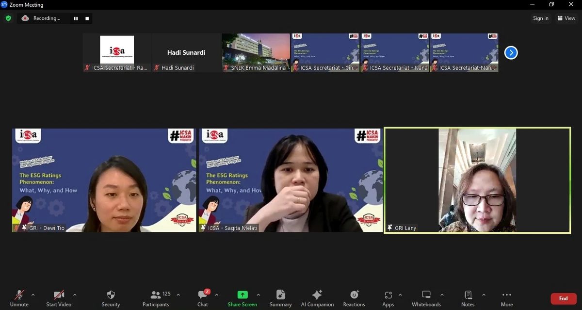 Jumat, 31 Mei 2024 -  Indonesia Corporate Secretary Association (ICSA) mengadakan webinar non-regulatory "The ESG Ratings Phenomenon: What, Why, and How", Rabu, 29 Mei 2024. Mengundang Country Manager Indonesia Global Reporting Initiative (GRI) Dewi Tio dan dihadiri lebih dari 120 peserta.

Membahas tentang Environmental, Social, and Governance (ESG) rating karena saat ini merupakan salah satu bagian dari penerapan ESG yang dapat digunakan sebagai tolak ukur atau penilaian atas praktik ESG pada perusahaan. 

ICSA berharap dengan diadakannya webinar ini, peserta yang hadir dapat memahami pengertian, proses, manfaat dari ESG rating, dan pengaruhnya bagi stakeholder perusahaan serta cara meningkatkan ESG rating perusahaan.<br>
                  