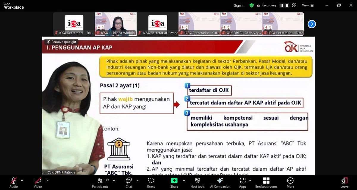 Rabu, 19 Maret 2025 - Indonesia Corporate Secretary Association (ICSA) mengadakan webinar regulatory "Pendalaman POJK Nomor 9 Tahun 2023 tentang Penggunaan Jasa Akuntan Publik dan Kantor Akuntan Publik dalam Kegiatan Jasa Keuangan & SE OJK Nomor 18/SEOJK.03/2023 tentang Tata Cara Penggunaan Jasa Akuntan Publik dan Kantor Akuntan Publik dalam Kegiatan Jasa Keuangan" pada Rabu, (19/2). Materi disampaikan oleh Analis Eksekutif Direktorat Pengaturan Prudensial dan Integritas Sistem Keuangan Otoritas Jasa Keuangan (OJK) Patricia. Sebanyak lebih dari 150 peserta hadir dalam webinar.

Narasumber membahas ruang lingkup dan cakupan peraturan OJK tentang jasa akuntan publik (AP) dan kantor akuntan publik (KAP), termasuk kualifikasi dan persyaratan penggunaan jasa serta kewajiban pelaporan terkait penunjukkan AP dan KAP. Kemudian, ia juga menyampaikan standar audit yang diterapkan dalam sektor jasa keuangan serta kewajiban dan sanksi pelanggarannya.

ICSA berharap, webinar ini dapat meningkatkan pemahaman peserta dalam mengimplementasikan peraturan OJK tentang penggunaan jasa akuntan publik dan kantor akuntan publik.<br>
                  