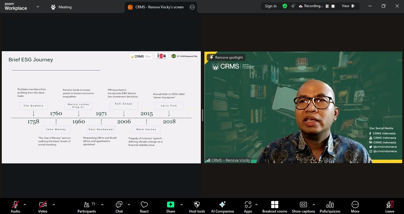 <p><strong>Jumat, 29 Agustus 2025</strong> – Indonesia Corporate Secretary Association (ICSA) menyelenggarakan<i> webinar</i> dengan topik “A Risk-Based Approach to ESG: Building Resilient, Responsible Businesses” pada Jumat (29/8). Acara ini menghadirkan Facilitator/Trainer di CRMS Indonesia sekaligus Vice President of Risk Management and Sustainability di BUMI Resources Renova Viscky, sebagai narasumber.&nbsp;</p><p>Dalam paparannya, Renova menekankan bahwa pendekatan berbasis risiko (risk-based approach) menjadi kunci bagi perusahaan dalam menghadapi tantangan ESG. Dengan metode ini, perusahaan dapat mengidentifikasi potensi risiko ESG lebih awal, mengelola serta memitigasi dampak yang mungkin terjadi, mengoptimalkan peluang bisnis berkelanjutan, dan memperkuat kepercayaan pemangku kepentingan.&nbsp;</p><p>“ESG bukan sekadar tren, melainkan strategi fundamental yang menentukan daya saing dan keberlangsungan perusahaan di masa depan,” ungkap Renova.&nbsp;</p><p>Melalui<i> webinar </i>ini, ICSA berkomitmen mendukung para profesional di bidang tata kelola untuk mampu menghadapi isu ESG secara strategis. Harapannya, perusahaan di Indonesia dapat semakin tangguh, bertanggung jawab, serta diakui di tingkat global.</p><br>
                  