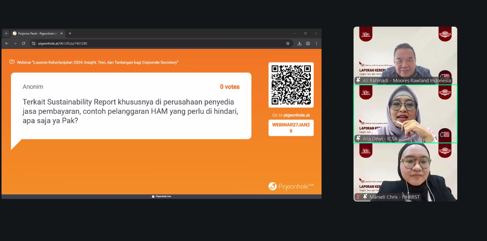 <p><strong>Senin, 2 Februari 2026 </strong>- Untuk mendukung peningkatan kualitas S<i>ustainability Report </i>perusahaan terbuka, Indonesian Corporate Secretary Association (ICSA) mengadakan <i>webinar</i> bertajuk "Laporan Keberlanjutan 2024: Insight, Tren, dan Tantangan bagi Corporate Secretary" pada Selasa, (27/1).</p><p>Acara ini menghadirkan Division Head of Sustainability Services Moores Rowland Indonesia Ali Rahmadi, sebagai narasumber utama. <i>Webinar </i>ini menjadi sarana bagi para profesional khususnya sekretaris perusahaan untuk semakin memahami penyusunan <i>Sustainability Report</i> yang menuntut transparansi kinerja keberlanjutan perusahaan terbuka.</p><p>Dalam pemaparannya, Ali Rahmadi menekankan bahwa pengungkapan ESG (Environmental, Social, and Governance) kini telah bertransformasi. <i>Sustainability Report</i> tidak lagi dipandang hanya sebagai kewajiban administratif berupa kepatuhan regulasi, melainkan juga cerminan dari kualitas tata kelola dan strategi jangka panjang perusahaan.</p><p>FIHRRST &amp; Moores Rowland merilis studi mengenai tren dan praktik terbaik yang dilakukan oleh perusahaan terbuka di Indonesia berdasarkan <i>Sustainability Report</i> tahun 2024. Selain menganalisis pemenuhan kewajiban dan <i>framework Sustainability Report</i> perusahaan terbuka, studi tersebut juga menyampaikan bahwa investor semakin kritis dalam menilai integritas data keberlanjutan sebelum mengambil keputusan investasi.</p><p>Dengan terselenggaranya <i>webinar</i> ini, ICSA kembali menegaskan komitmennya dalam memperkuat kompetensi para sekretaris perusahaan di Indonesia agar senantiasa relevan dengan dinamika pasar global dan prinsip keberlanjutan.</p><br>
                  