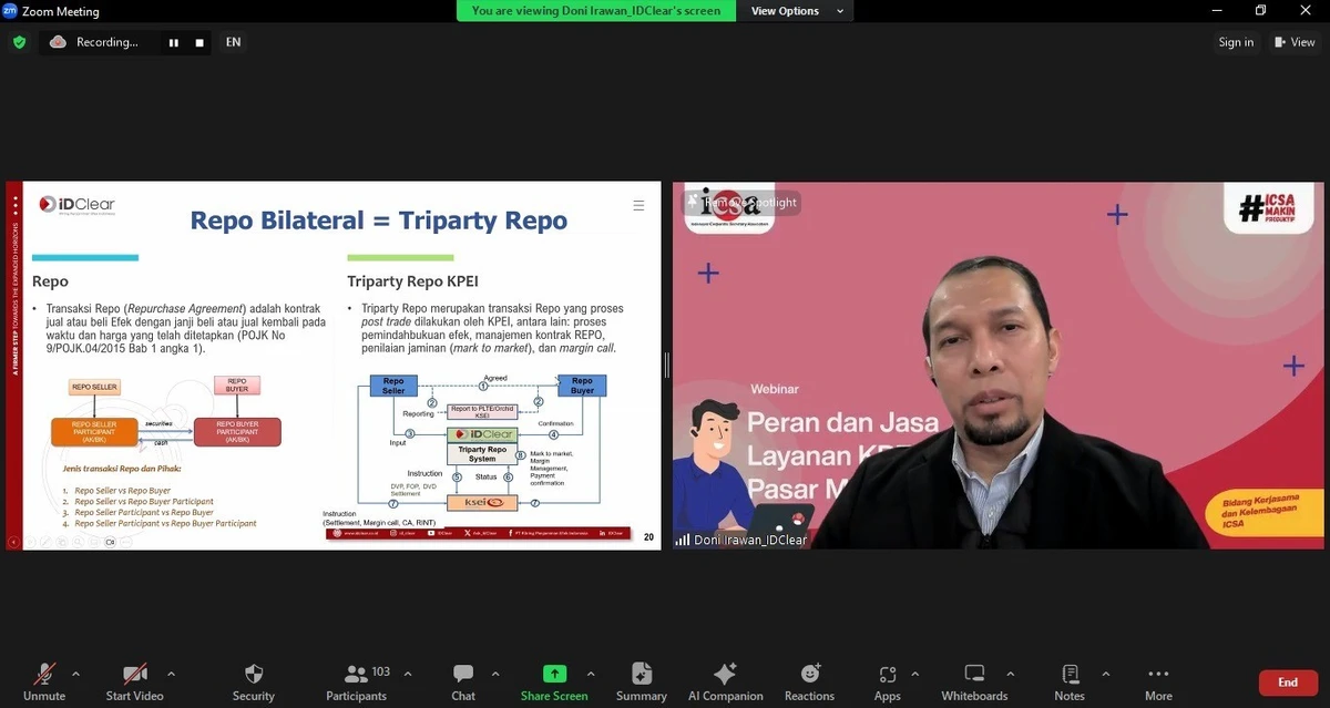 Jumat,  11 Oktober 2024 – Indonesia Corporate Secretary Association (ICSA) mengadakan webinar dengan tema "Peran dan Layanan Jasa PT Kliring Penjaminan Efek Indonesia (KPEI) pada Industri Pasar Modal Indonesia", Kamis, (10/10). Sekitar 100 partisipan hadir dalam webinar .

Webinar yang dimoderatori Anggota Bidang Kerja Sama dan Kelembagaan ICSA Franssoka Y. Sumarwi ini mengundang Kepala Unit Pengembangan Pasar KPEI Doni Irawan sebagai narasumber.

Sebagai lembaga yang menyediakan jasa kliring dan penjaminan transaksi, KPEI memainkan peran penting dalam menjaga stabilitas dan keamanan transaksi di pasar modal. Oleh karena itu, pelaku pasar modal perlu memahami sepenuhnya peran dan layanan yang disediakan oleh KPEI. 

ICSA mengadakan webinar ini untuk memberikan edukasi dan pemahaman mengenai peran strategis KPEI dalam mendukung ekosistem pasar modal Indonesia.<br>
                  